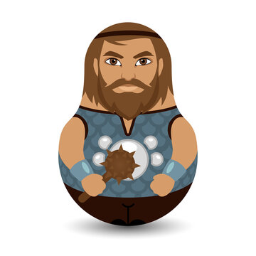 Bogatyr. Old Slavic bearded warrior in armor and with a studded mace in his hands. Design tilting toy. Modern kawaii dolls for your business project. Flat vector illustration.