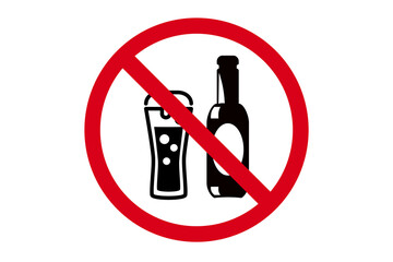 No beer icon, bottle and glass in red vector sign. Flat No alcohol pictogram isolated on a white background.