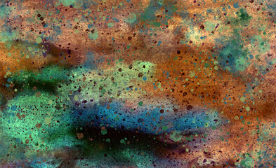 Green and blue watercolor stains and specks on a brown background. Disturbing abstract watercolor spotted background. Illustration.