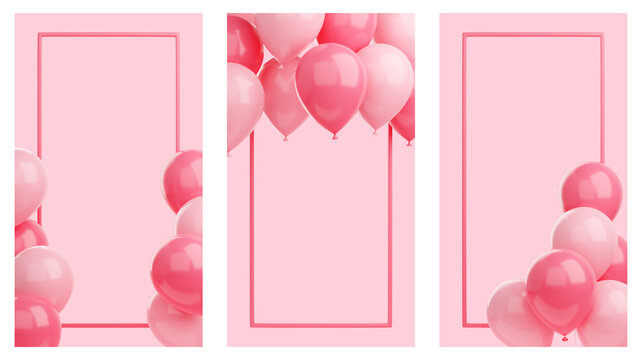 Congratulation Banner With Balloons And Frame On Pink Background - 3d Render Social Media Story For Birthday Or Anniversary Greetings.