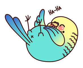 Parrot laughs lying on his back. Kawaii character. Blue budgie. Cute vector illustration isolated on white background.