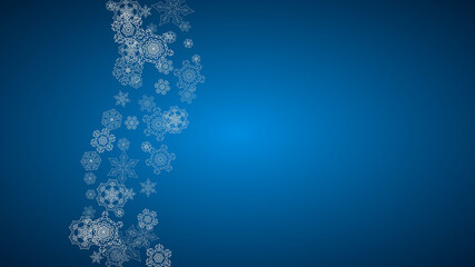 New year background with silver frosty snowflakes. Horizontal backdrop. Stylish new year background for holiday banner, card. Falling snow with sparkles and flakes for season special offers and sales.