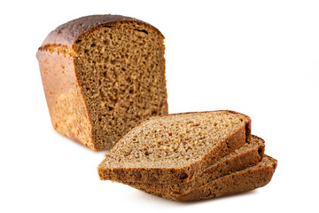 Loaf of black bread isolated on white. Close-up. Selective depth of field..