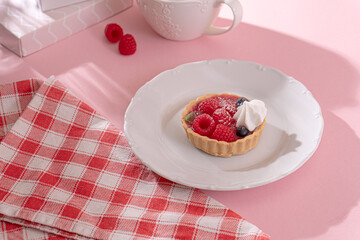 Sandless cake with cream and blueberries, and raspberry on a white plate on a pink table