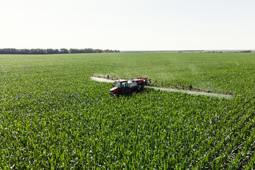 Self-propelled sprayer sprays green corn with pesticides on a photo field from a drone. The tractor...
