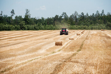 Straw bales on the field on the background of tractors
