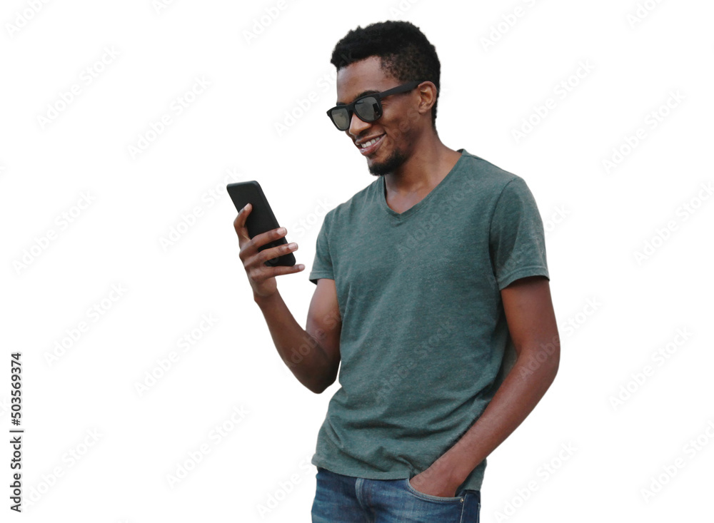 Poster Portrait of smiling young african man with smartphone wearing t-shirt, sunglasses isolated on white background