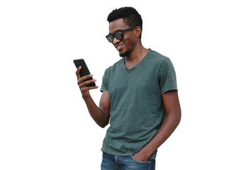 Portrait of smiling young african man with smartphone wearing t-shirt, sunglasses isolated on white background