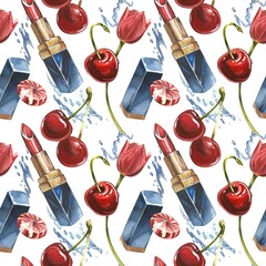 Lipstick seamless pattern. Opened red lipstick in black case. Pomade with Cherry fruits and flowers. Isolated clipart hand painted, fresh exotic food red for food label design. - 503569570