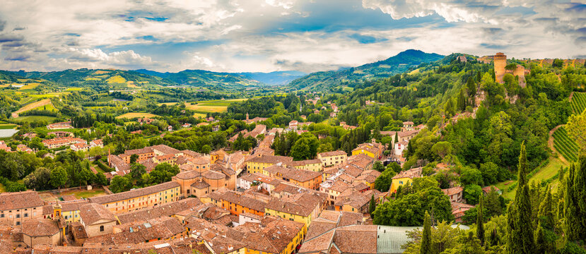 Brisighella, Ravenna, Emilia-Romagna, Italy. Beautiful panoramic aerial view from on the medieval city and the fortress of Manfrediana