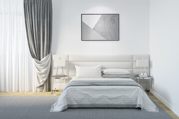 Bright bedroom with the backlit horizontal poster above the headboard, lamps on bedside tables on both sides of the bed with striped bedspreads, and gray classic curtains on the window. 3d render