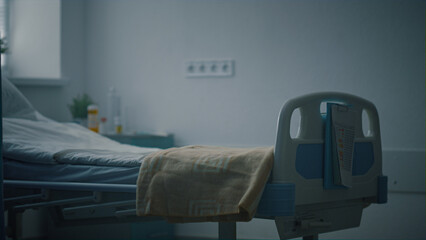 Closeup empty hospital bed with medical records attached in intensive care unit.