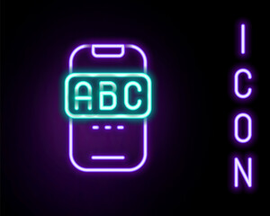 Glowing neon line E-learning of different foreign languages through the mobile application icon isolated on black background. Colorful outline concept. Vector