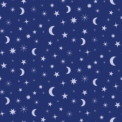 Fototapeta na wymiar Beautiful crescent moon and stars seamless pattern on navy blue background. For textile, home décor and wallpaper 