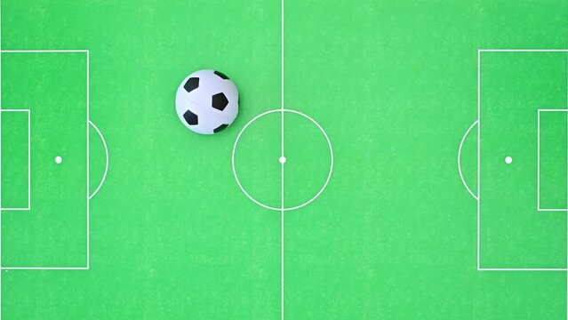 Football ball passing on football field. Stop motion flat lay. Creative idea. World championship 2022