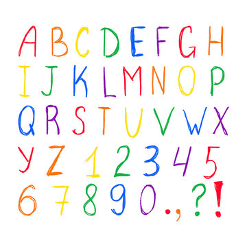 Crayon, color pencil alphabet font. Bright rainbow colored alphabet letters, numbers and symbols. Vector chalk textured abc isolated. Simple children kid hand writing style.