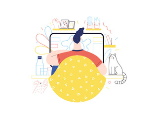 Fototapeta na wymiar Technology Memphis -Home Office, modern flat vector concept digital illustration home office metaphor, a freelancer guy working at home with pets and plants. Creative landing web page illustration