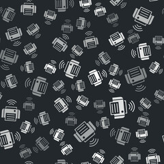 Grey Smart printer system icon isolated seamless pattern on black background. Internet of things concept with wireless connection. Vector