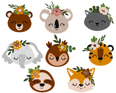 set of isolated animals head and flowers