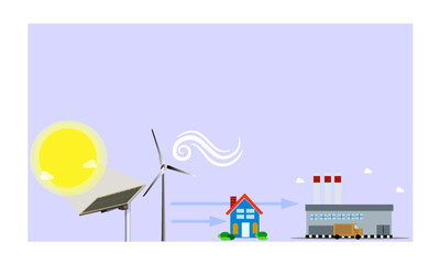 Alternative fuel vector illustration scheme. Green and clean energy source. Wind turbine and solar panel, house and industry. Concept of energies and non-fossil fuels.