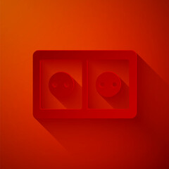 Paper cut Electrical outlet icon isolated on red background. Power socket. Rosette symbol. Paper art style. Vector