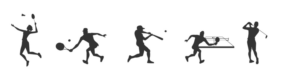 Types of ball sports, silhouettes of athletes vector icons.