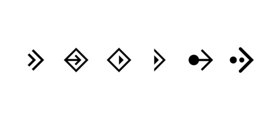 Swipe right button icon set. Application and social network scroll arrow pictogram for web design or app. Black next direction pointer ui interface element collection. Vector isolated illustration