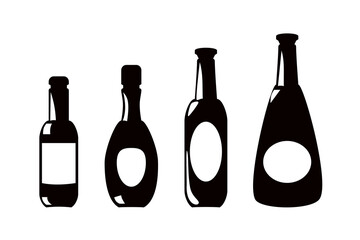 set of black glossy wine, beer and other alcohol bottles with highlight