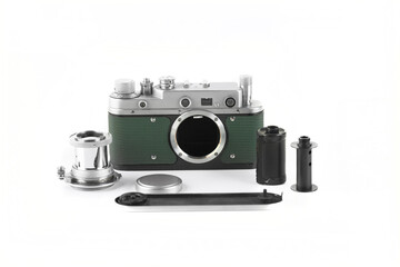 The old rangefinder film camera, Green Body, on white background.