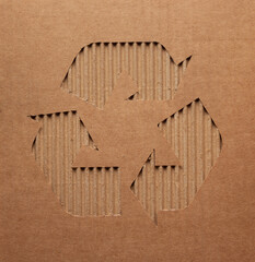 Recycle symbol on  recycled paper background texture. Recycling idea concept and cardboard paper