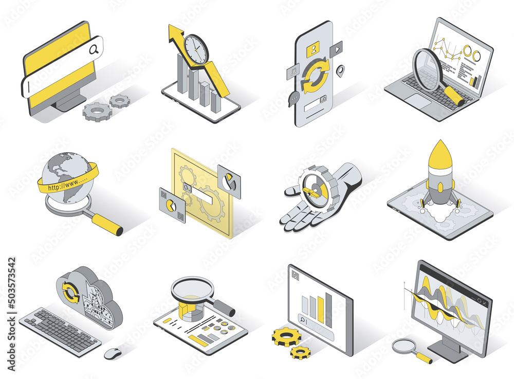 Poster Seo optimization service concept 3d isometric icons set. Pack elements of search engine, growth traffic, analysis, settings, cloud computing and other. Vector illustration in modern isometry design