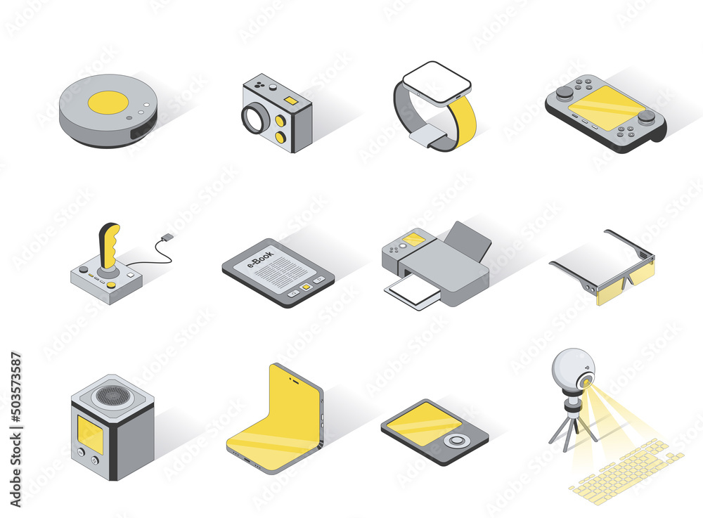 Poster technology devices service concept 3d isometric icons set. pack elements of robot vacuum cleaner, ca