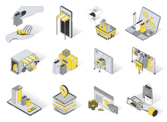 Retail service concept 3d isometric icons set. Pack elements of shopping, purchase, paying, store, discount, sale, bag, clothes, boutique and other. Vector illustration in modern isometry design - obrazy, fototapety, plakaty