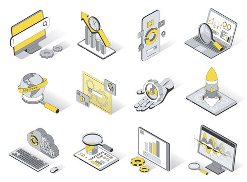 Seo optimization service concept 3d isometric icons set. Pack elements of search engine, growth traffic, analysis, settings, cloud computing and other. Vector illustration in modern isometry design