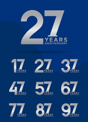 Set of Anniversary logotype and silver color with blue background for celebration