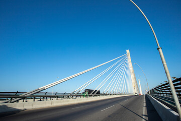 Barranquilla, Atlantico, Colombia. January 15, 2022:  Pumarejo bridge with blue sky in the city.