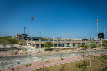 Fototapeta na wymiar Barranquilla, Atlantico, Colombia. January 15, 2022: Edgar Renteria Stadium and blue sky.