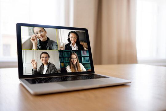 Communication Online Video Communication With Colleagues Open The Laptop Screen Conference In The Company.