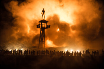 Creative artwork decoration war on Ukraine. Crowd looking on giant explosion and attacking soldiers.