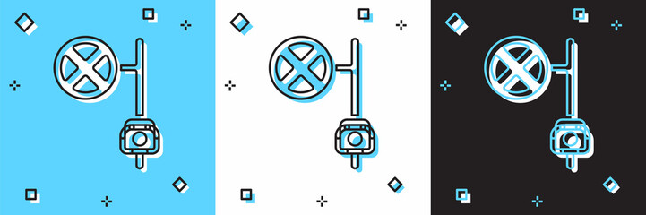 Set Stop sign with camera icon isolated on blue and white, black background. Traffic regulatory warning stop symbol. Vector