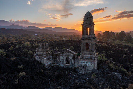 sunset over the church of Paricutin 