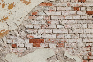  stone wall with cracked surface, bricks under cement, very shabby wall with rough surface, no person