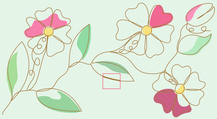 Flowers in one line. Looks like embroidery with precious gold thread. The sample does not reflect this effect. Attention to the enlarged fragment! Additional color accents. Light green background.