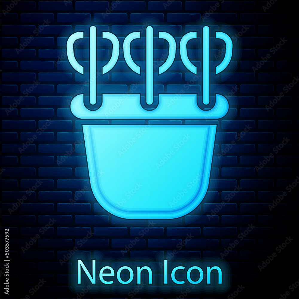 Poster glowing neon quiver with arrows icon isolated on brick wall background. vector