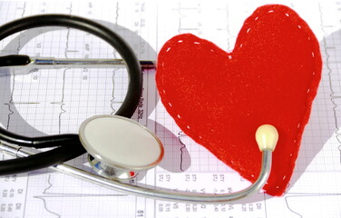 Take care of your heart. A stethoscope and a heart shape on a printout of a heart monitor.