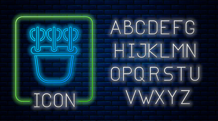 Glowing neon Quiver with arrows icon isolated on brick wall background. Neon light alphabet. Vector