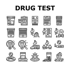 Drug Test Examination Device Icons Set Vector. Panel Drug Test Gadget For Searching Cocaine Or Amphetamines, Marijuana And Alcohol In Blood Or Urine. Medical Review Officer Black Contour Illustrations - obrazy, fototapety, plakaty