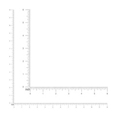6 and 12 inches or 1 foot corner ruler template. Measuring tool with imperial units vertical and horizontal markup and numbers. Vector outline illustration isolated on white background