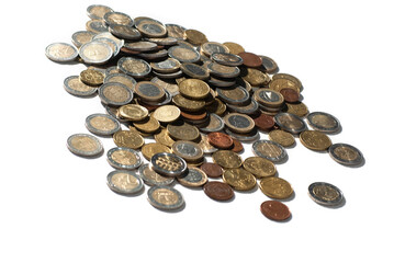 A lot of euro coin money on a white background for investing, trading and business enrichment