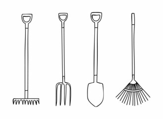 Garden tools icons set. Doodle garden equipments icons collection. Hand drawn garden equipments icons collection. 